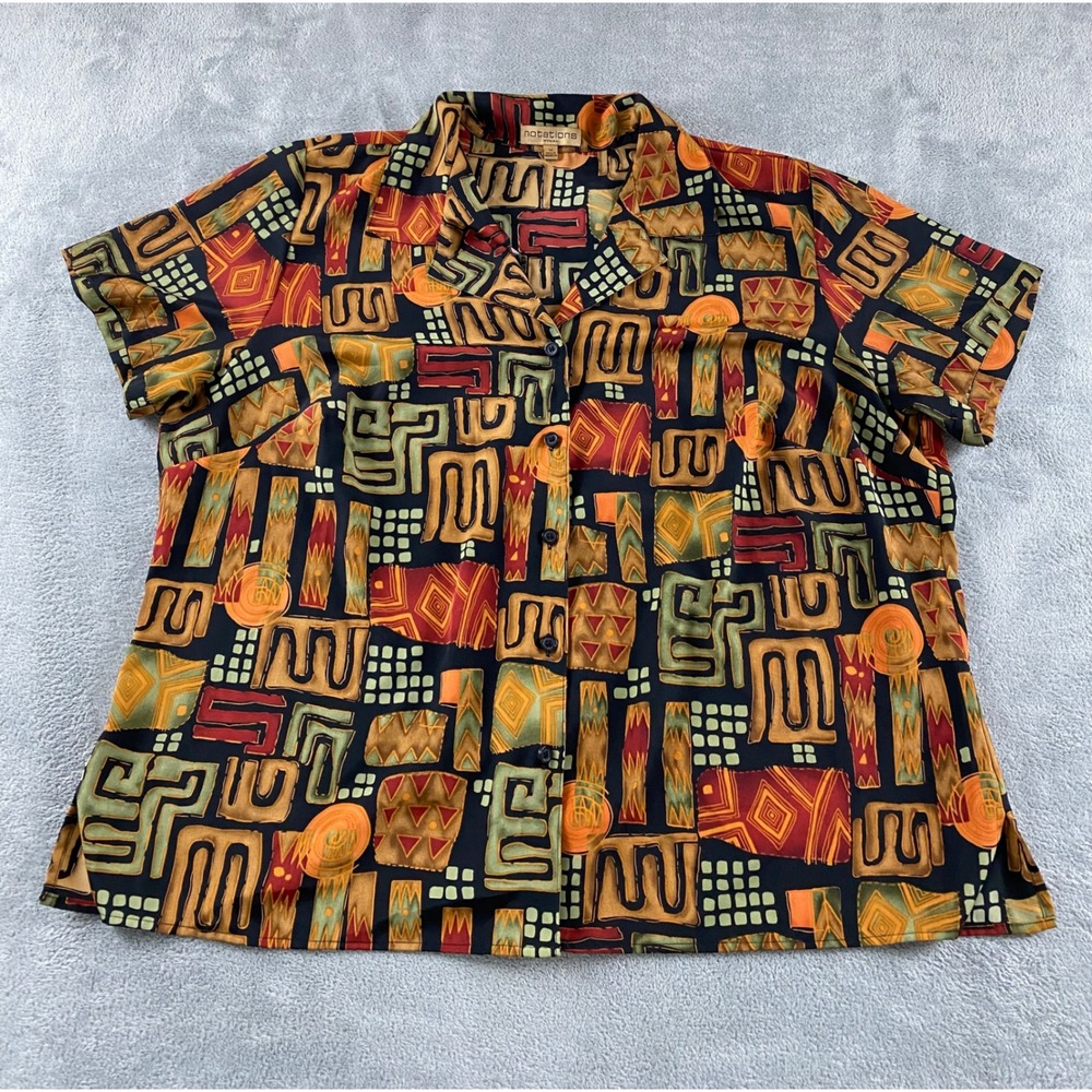 Notations Woman Geometric Abstract Print Button Down Blouse Short Slv 1X Multi